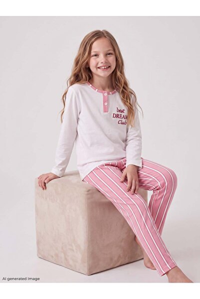vitmo Girl's Long Sleeve Button Detailed 100% Cotton Pajama Set Best Dream