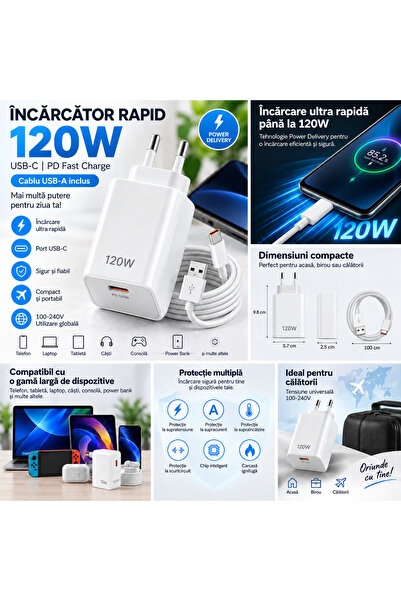 Generic Brand Бързо кабелно зарядно устройство 120W, TYPE C, Универсално 100-...