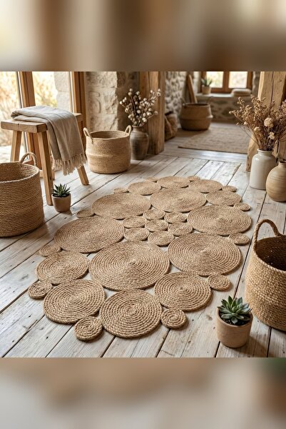 110x70cm Oval Jüt Halı, Örgü Doğal Elyaf Kilim, Rustik Kırsal Salon ve Giriş Halısı