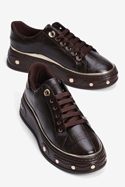 Mubiano Women's Crocodile Patterned Sneaker with Thick Sole, Lace-Up, Gold Detail, Vika Brown