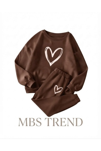 Kids Winter Girls' Brown Heart Printed Crew Neck Oversize Sweatshirt and Swea...
