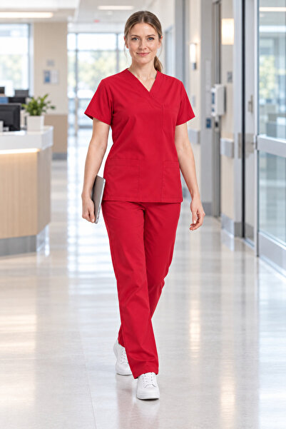 Aydın Online Women's Nurse and Doctor Uniform V-Neck Relaxed Fit Piping Botto...