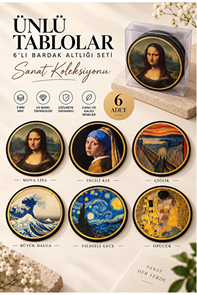 NCPUZZLES Ünlü Tablolar 6'lı Ahşap MDF Bardak Altlığı Seti – 10 cm, Sanat Kol...