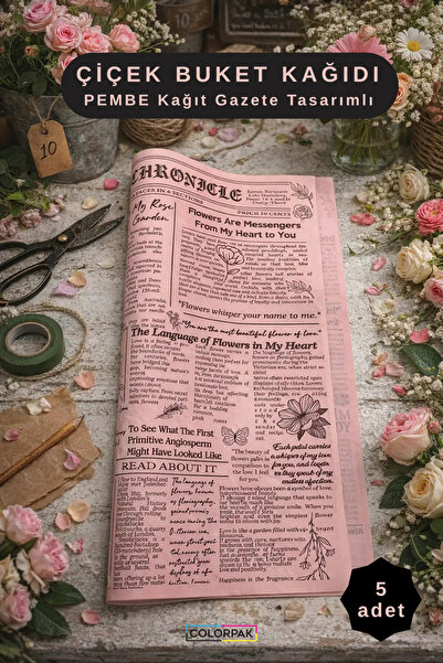 COLORPAK Gazete Baskılı Çiçek Buket Ambalaj Paketleme Kağıdı / PEMBE Kağıt Ga...
