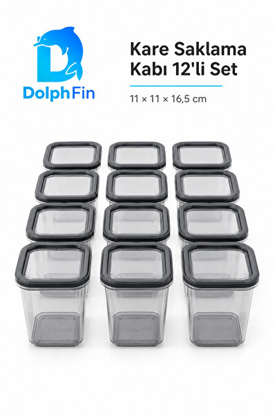 DolphFin Square Storage Container Set of 12 1300 ml Black 11 × 11 × 16.5 cm