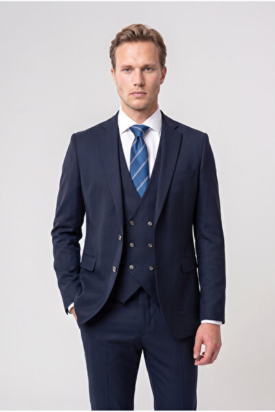 Twn Slim Fit Navy Blue Plain Suit with Vest