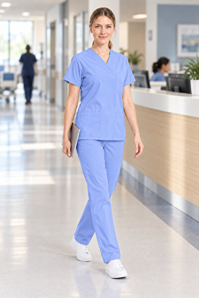 Aydın Online Women's Light Blue Nurse and Doctor Uniform V-Neck Elastic Waist...