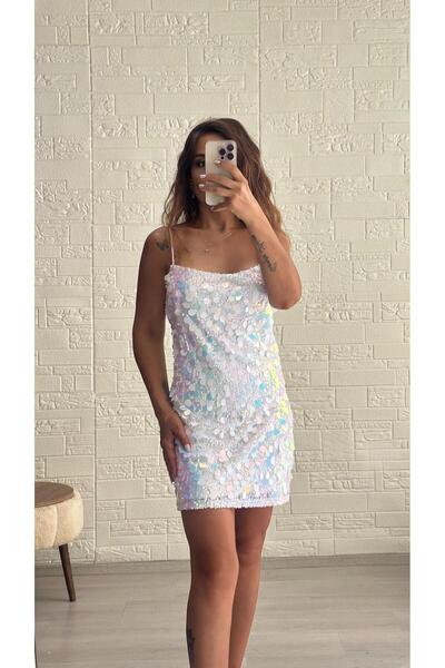 Derya Akyol Beyaz İp Askılı Pul Payetli Mini Elbise