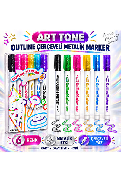 Art Tone Outline Frame Effect Metallic Marker Pen Set 6 Colors Painting Drawi...