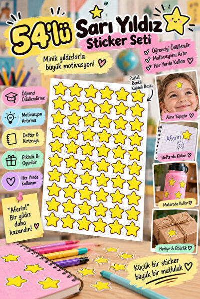 Hanelia Art 54’lü Sarı Yıldız Sticker Seti – Öğrenci Ödül Stickerı – Yıldız Ö...