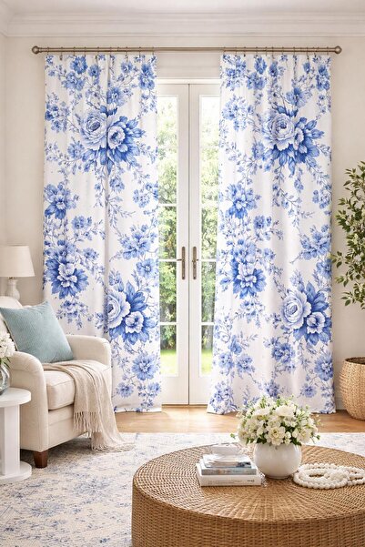 Mavi Chinoiserie Perde - Şakayık Çiçekli Toile, Fransız Country Tarzı