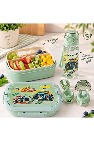 ZÜMHA 2 Li Set 2 Katlı Beslenme Kutusu Ve Su Matarası Araba Temalı Okul çocuk...