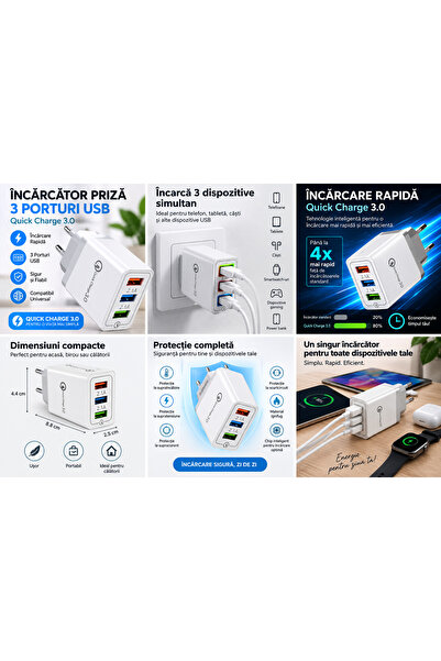 Generic Brand Incarcator priza, USB multiplu, 3 porturi 2.1A, incarcare rapid...