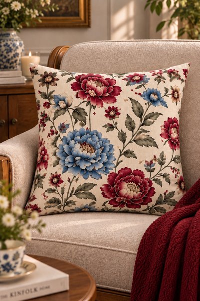 Elay Tekstil Cream Gray Blue Floral Throw Pillow Cover Set of 4 – Vintage Decorative Pillow