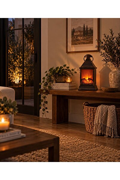 Munico Vintage Dekoratif Fener Alev Efektli Şömine Lambası Masaüstü LED Gece ...