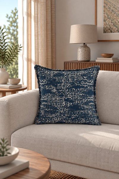 texta home deco Aztek Bohem Dokuma Kırlent Kılıfı - Lacivert - 50x50 cm