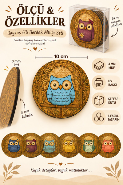 NCPUZZLES Cute Owls Set of 6 Wooden Mdf Coasters – 10 Cm, Owl Series