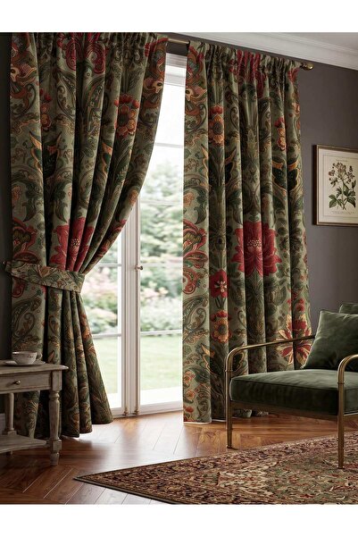 Genel Markalar Vintage Çiçekli Sage Green Perdeler, William Morris Inspired B...