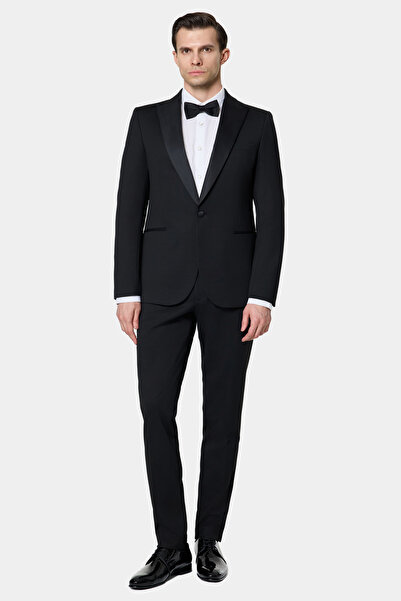 Twn Slim Fit Black Crepe Pattern Tuxedo Suit