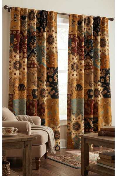 Genel Markalar Vintage Patchwork Çiçekli Perde, Bohem Botanik Pencere Perdele...