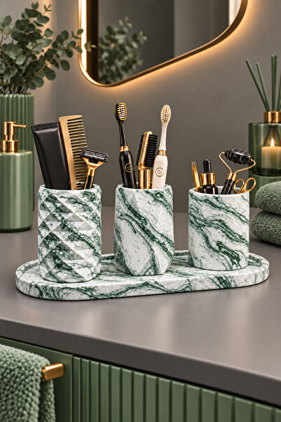 betonmall Concrete Bathroom Set 4 Piece Organizer with Tray Toothbrush Holder...