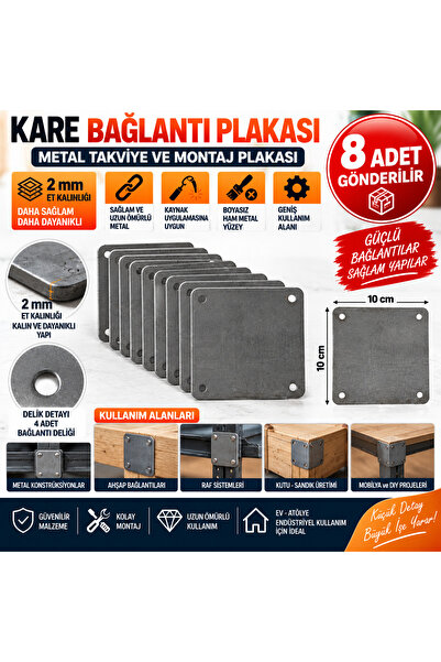 Home 8 Adet Metal Bağlantı Plakası 10x10 cm 2 mm Kare Takviye Sacı 4 Delikli ...