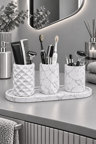 betonmall Beton Banyo Seti 4 Parça Tepsili Organizer Diş Fırçalık El Yapımı M...