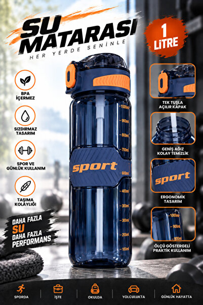 MGEStore Spor Su Matarası 1Lt Sızdırmaz Kapaklı Ölçü Göstergeli Büyük Boy Matara