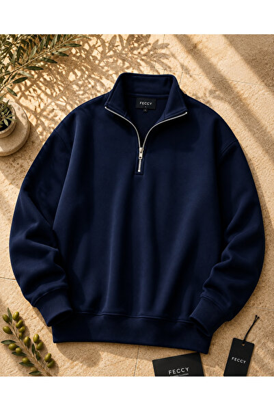 FECCY Premium Unisex Navy Blue Color Unprinted Stand Collar Sweatshirt with H...