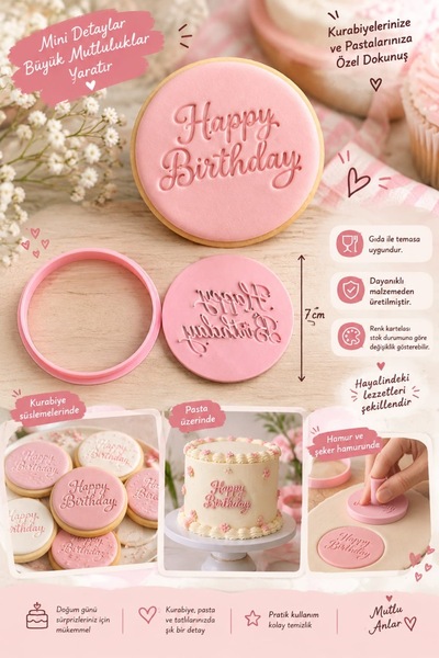 SELTA3D Happy Birthday Yuvarlak Kurabiye Kalıbı Ve Şeker Hamuru Damgası - Pas...