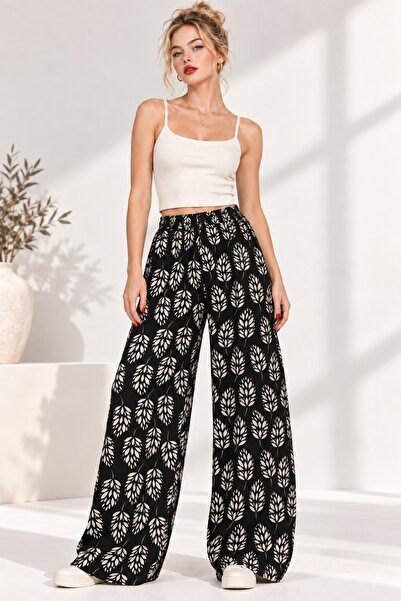 Bluewhs Women's Wrinkled Patterned Wide Leg Loose Trousers with Elastic Waist...