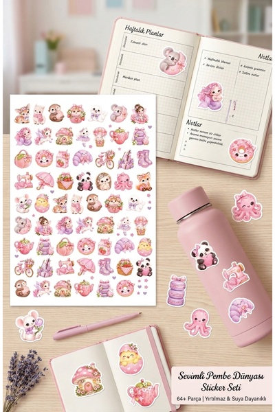 StickerLAB Sevimli Pembe Konseptli 64+ Adet Suya Dayanıklı Sticker ve Etiket ...
