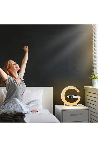 OEM Lampă de veghe LED inteligentă în formă de G cu ceas, difuzor integrat, încărcare wireless pentru telefon, lumină ambientală multicoloră, control prin aplicație, 256 de moduri de lumină, 8 moduri de lumină cu muzică, îmbunătățește somnul, ABS, Alb