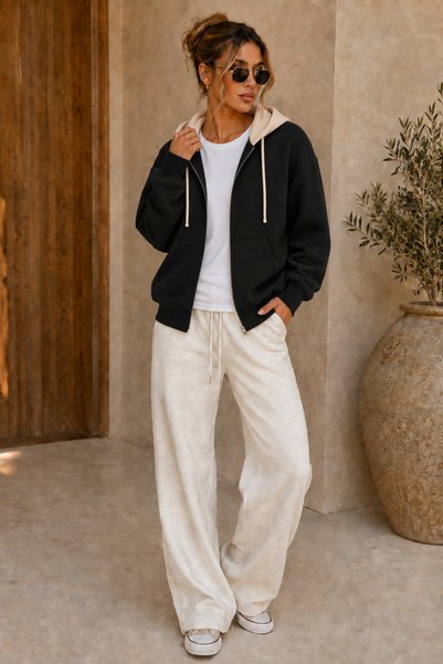 FECCY Premium Unisex Contrast Hooded Zipper Pocket Three-Thread Oversize Cardigan Sweatshirt