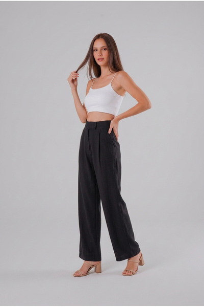 nutika Black High Waist Palazzo Trousers Wide Leg with Pockets Office Stylish Fabric Pants