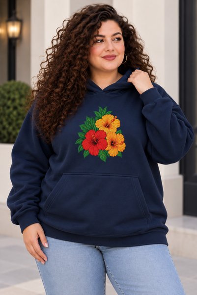 Rubonia Women's Large Size Oversize Hooded Sweatshirt Floral Printed 3 Thread...