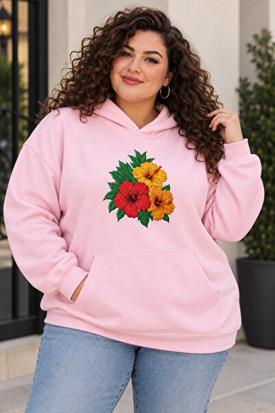 Rubonia Women's Large Size Oversize Hooded Sweatshirt Floral Printed 3 Thread...