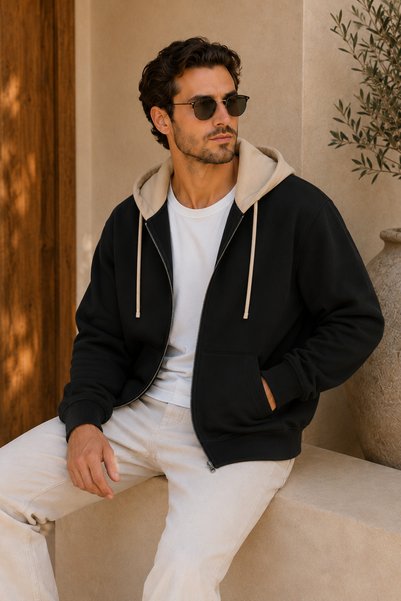 FECCY Premium Unisex Contrast Hooded Zipper Pocket Three-Thread Oversize Cardigan Sweatshirt