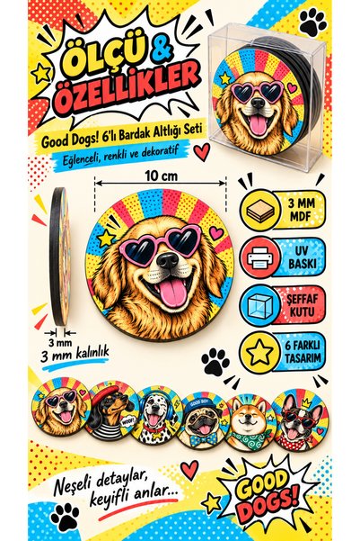 NCPUZZLES Retro Pop Art Dog-Themed Set of 6 Wooden Coasters – 10 Cm, Good Dogs Series