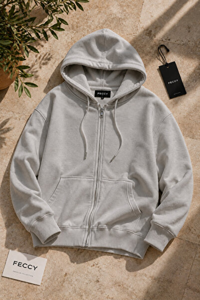 FECCY Premium Unisex Hooded Zippered Pocket Three-Thread Oversize Cardigan Sw...