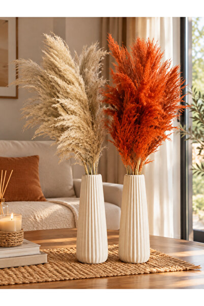 TROYA 20’li Pampas – 10 Turuncu + 10 Krem Dekoratif Pampas Çiçeği 100 Cm