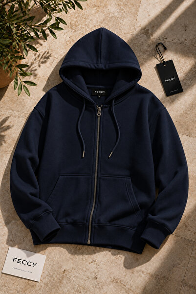 FECCY Premium Unisex Hooded Zippered Pocket Three-Thread Oversize Cardigan Sw...