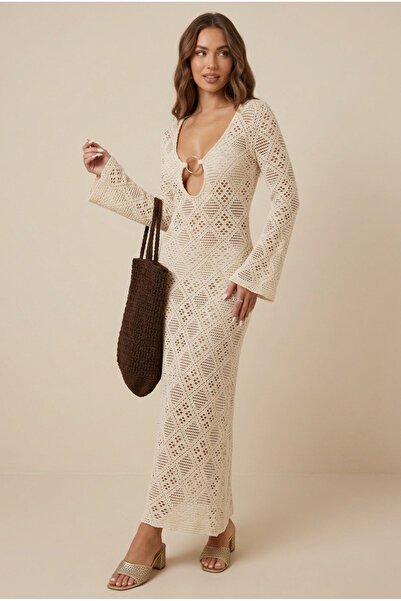 nutika Cream Color Ring Detailed Beach Dress Long Sleeve Openwork Knitwear Ma...