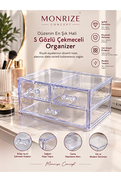 Monrize Concept 3 Çekmeceli Şeffaf Organizer | Makyaj Kozmetik Takı Aksesuar ...