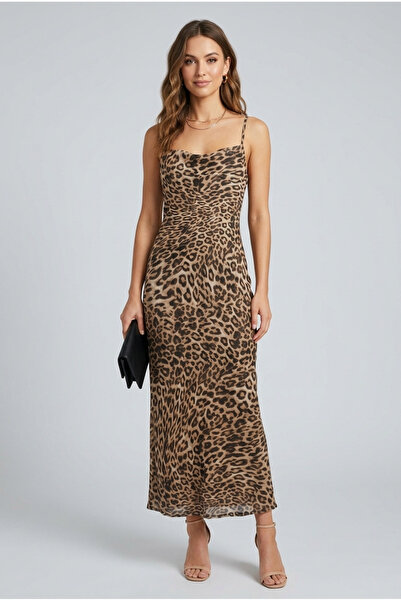 nutika Leopard Print Strap Long Dress Square Neck Slitless Evening Party and ...
