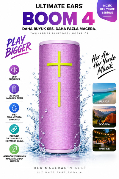 Ultimate Ears BOOM Taşınabilir Bluetooth Hoparlör – 360° Güçlü Ses, 20 Saate Kadar Pil Ömrü, IP67 Su ve Toz Dayanıklılığı, PartyUp Desteği, Dayanıklı Tasarım ve Canlı Lilac Renk ile Her Yerde Müzik!