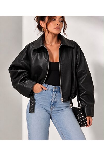 AKT Kadın Oversize Deri Ceket- Oversize Relax Fit, Fermuarlı Kemer Detaylı Gü...
