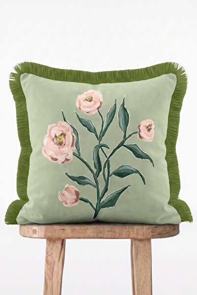 IdeCraft Spring Branch Sage Green Peony Floral Patterned Fringed Decorative T...