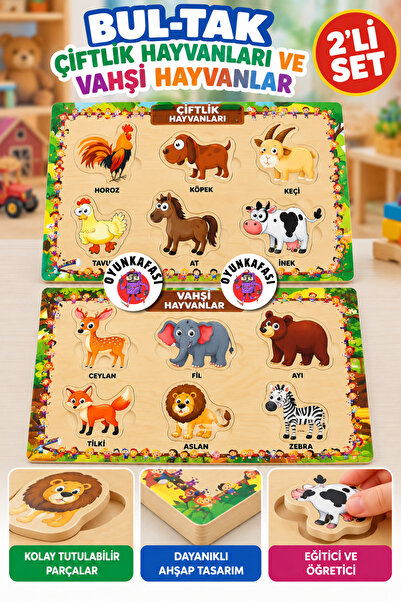 OYUNKAFASI 2’li Eğitici Bul-Tak Puzzle Seti Çocuk Yapboz – 3 mm MDF Taban 5 m...