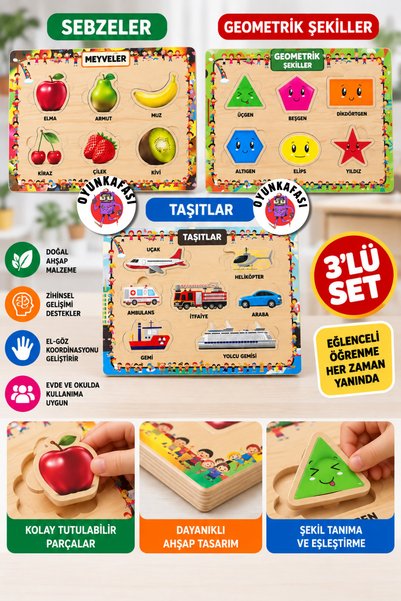 OYUNKAFASI 3’lü Eğitici Bul-Tak Puzzle Seti Çocuk Yapboz – 3 mm MDF Taban 5 m...